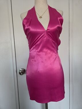 superdown Satin Halter Mini Dress in Bright Pink